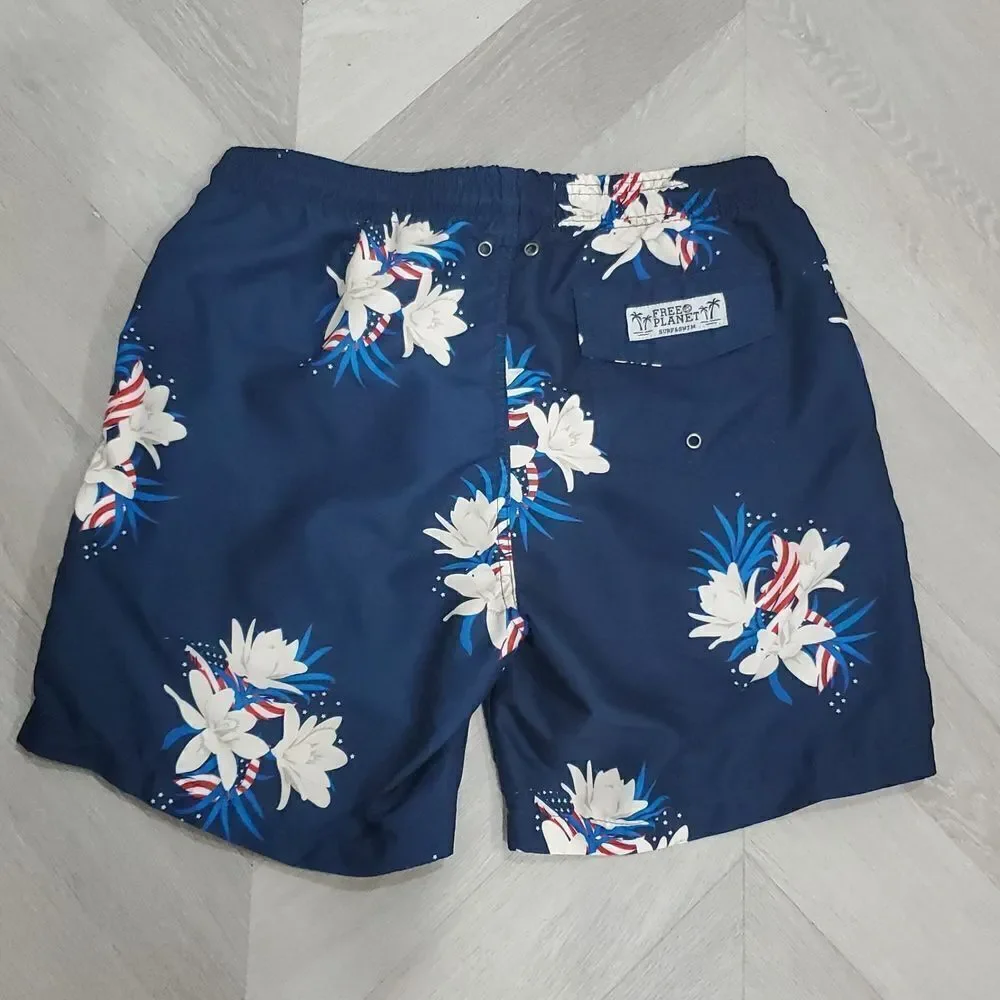 Free Planet Red, White & Blue Beach Swim Trunks Size Medium